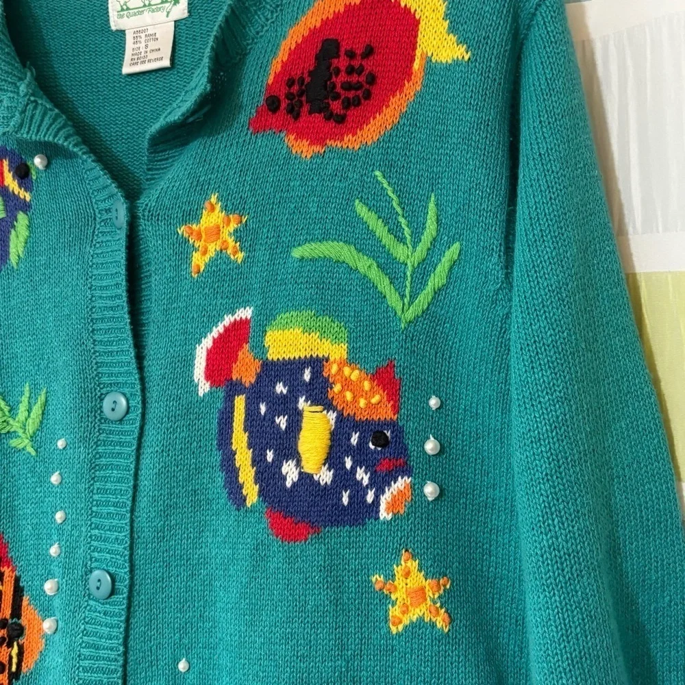 Quacker Factory Vintage Fish Pearl Cardigan Sweater Women Sz Small